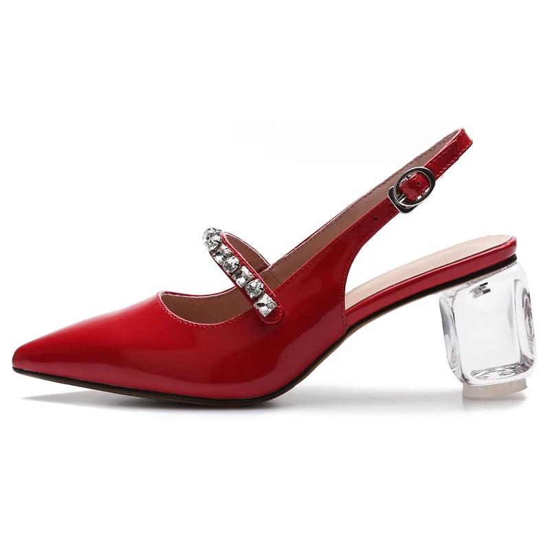 

Red Leather Women Slingbacks Transparent Chunky Heels Crystal Summer Style Sexy Pointed-toe Sandal Pumps Box Packing 3255