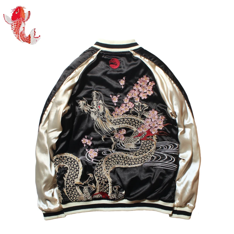 

2018 New Spring Autumn Women's Cherry Dragon Embroidered Both Sides Wear Bomber Jacket Men and Women Couples Baseball Coat