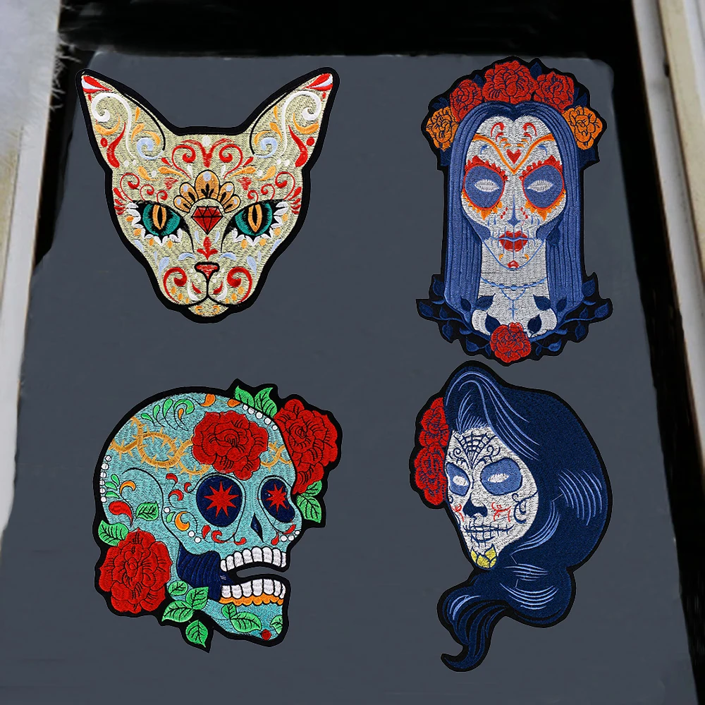 Sugar Skull Cat with flower Embroidered Cloth Iron On Patch