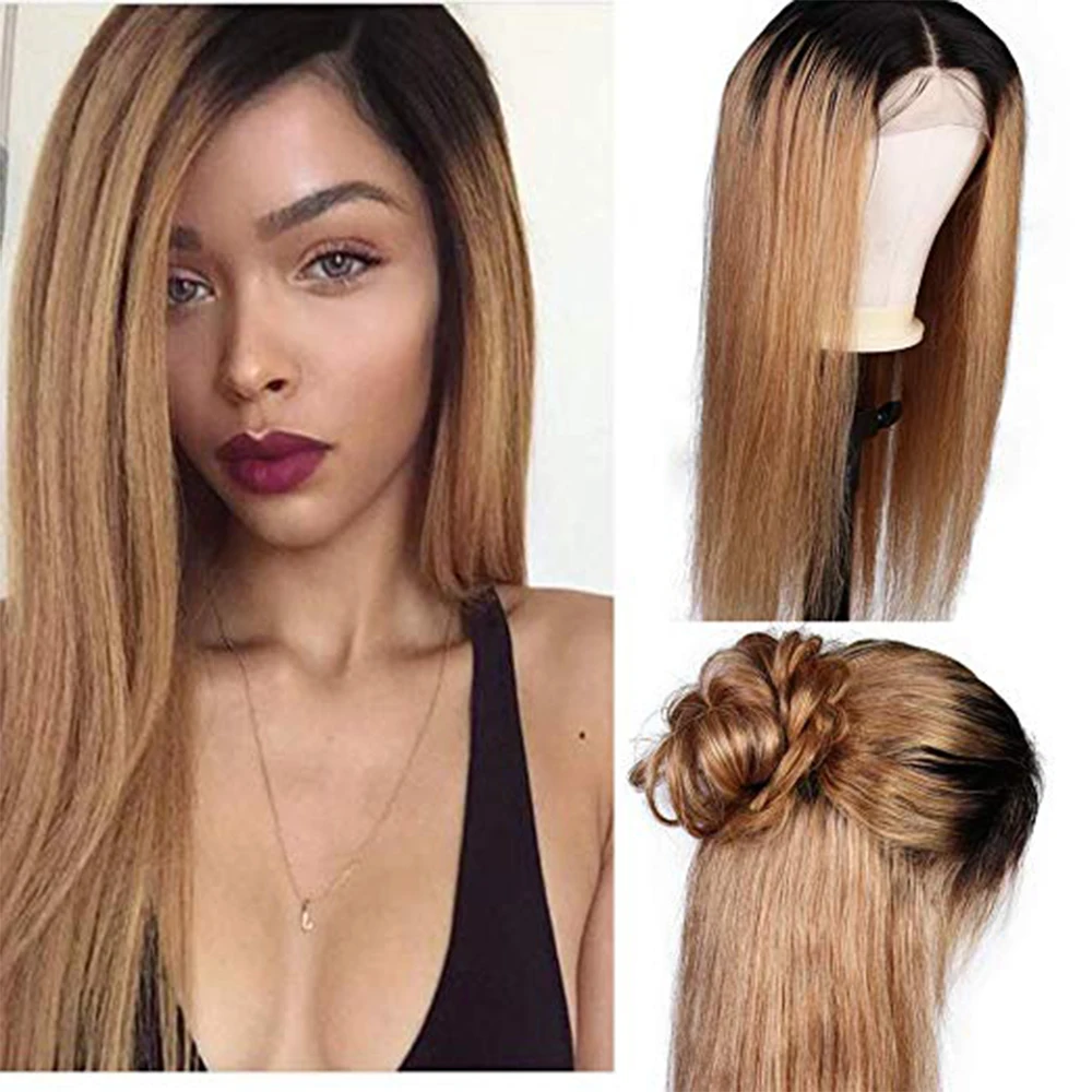 

SimBeauty 1B/27 Ombre Color Lace Front Human Hair Wigs With Baby Hair Long Straight Malaysia Remy Hair Lace Wig Free Part