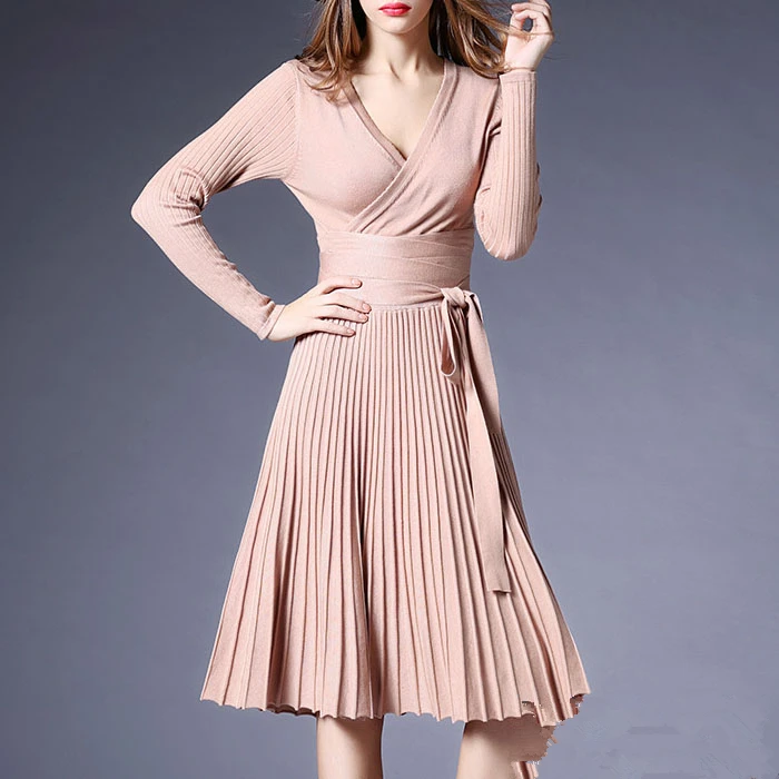 2017 High Quality Spring Long Knitted Sweater Dress Women Long Sleeve Sexy V-neck Pleated Dresses With Sashes Casual Vestidos
2017 High Quality Spring Long Knitted Sweater Dress Women Long Sleeve Sexy V-neck Pleated Dresses With Sashes Casual Vestidos