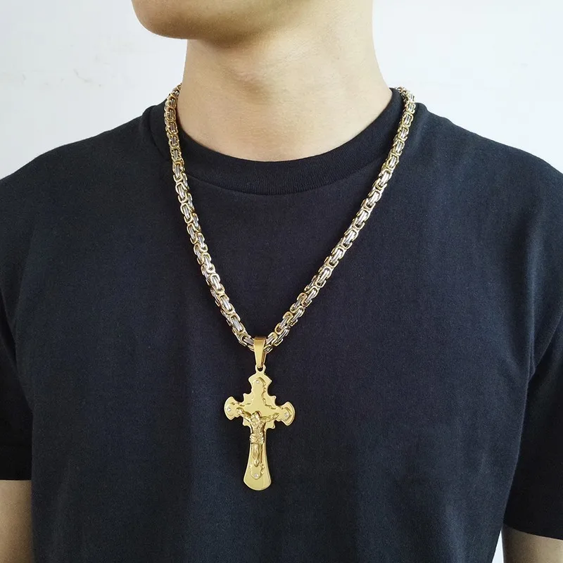 Фото Мужская Византийская цепочка с многослойным крестиком Иисуса - купить
