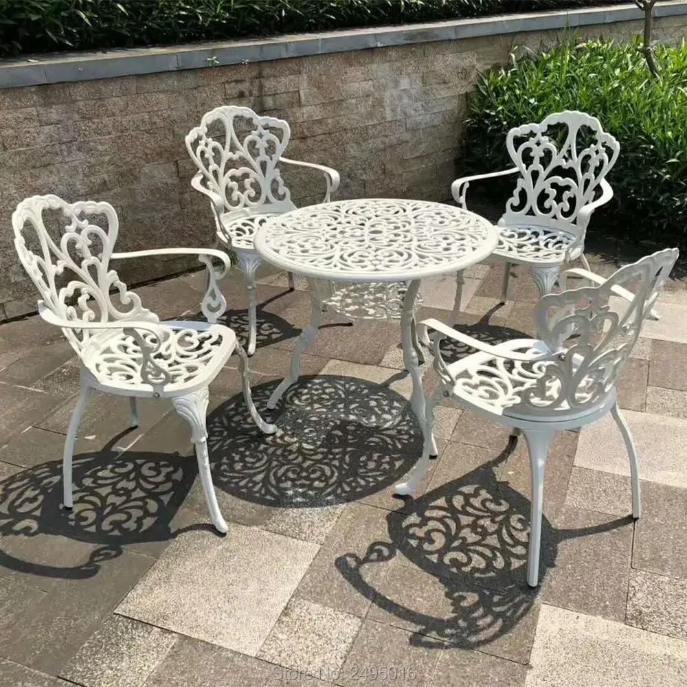 

5 Pieces set cast Aluminum furniture outside patio Dining Set garden table chairs waterpoof ant rust Balcony street metal set