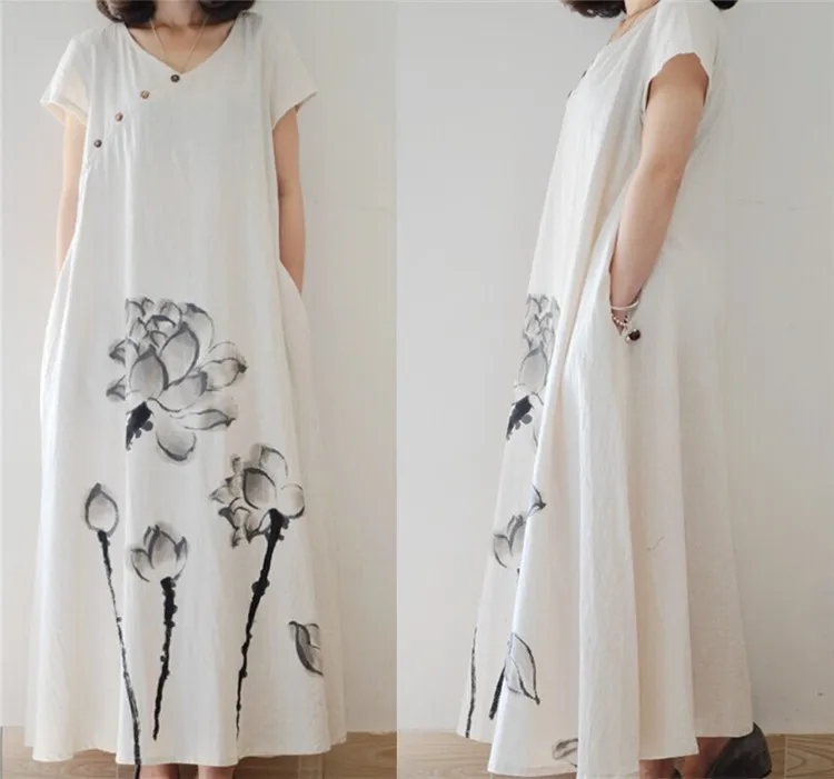 Long Dress Linen Chinese Print Lotus Dresses Vintage Loose White Cotton Maxi Dress Women Robe Femme 2017
Long Dress Linen Chinese Print Lotus Dresses Vintage Loose White Cotton Maxi Dress Women Robe Femme 2017