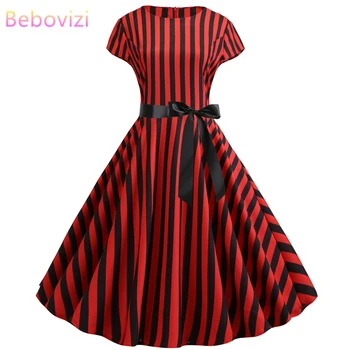 

Bebovizi Women Clothes 2019 New Casual Summer Black Bandage Dress 1950s Vintage Plus Size Elegant Office Stripe Print Dresses