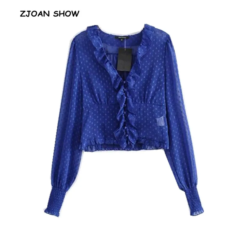 Retro Polka Dot See Through Chiffon Shirt Blue 2018 Woman V neck Spliced wood ears Ruffles Slim Waist Buttons Short Blouse Tops
Retro Polka Dot See Through Chiffon Shirt Blue 2018 Woman V neck Spliced wood ears Ruffles Slim Waist Buttons Short Blouse Tops