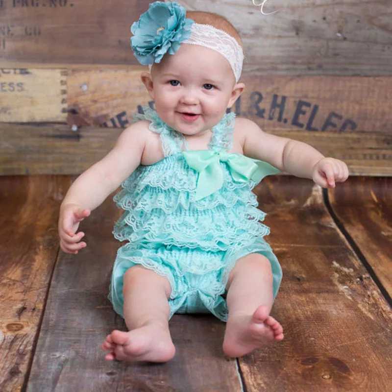 

Lovely Baby Aqua Lace Romper Infant Toddler Petti Ruffled Romper with Ribbon Bow and Flower Headband Newborn Jumpsuit One-Piece