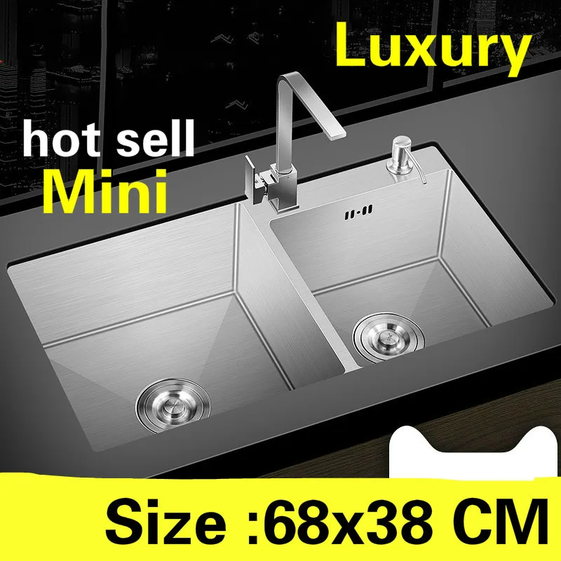 

Free shipping Apartment food grade 304 stainless steel durable mini kitchen manual sink double groove hot sell vogue 68x38 CM