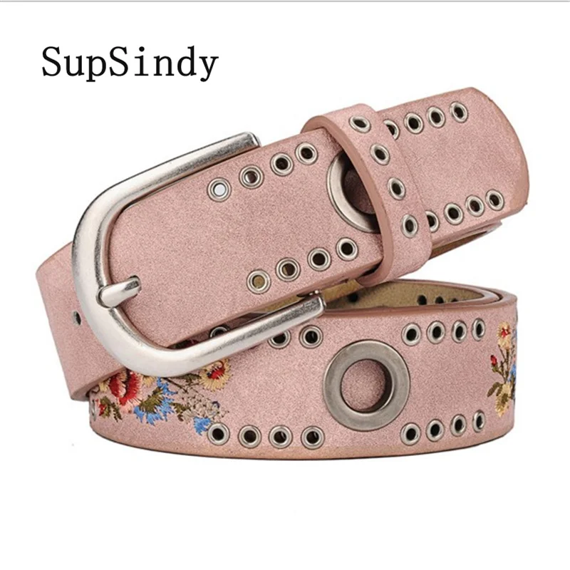 

SupSindy woman's belt punk Pin buckle Vintage Rivet luxury lady's original leather belts for women waistband Hollow female belt