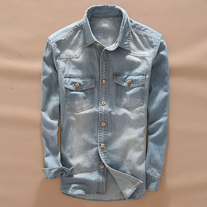 Men's Vintage long sleeve denim shirt with wood button spring blue casual shirt men korea style slim fit denim shirt for men
Men's Vintage long sleeve denim shirt with wood button spring blue casual shirt men korea style slim fit denim shirt for men