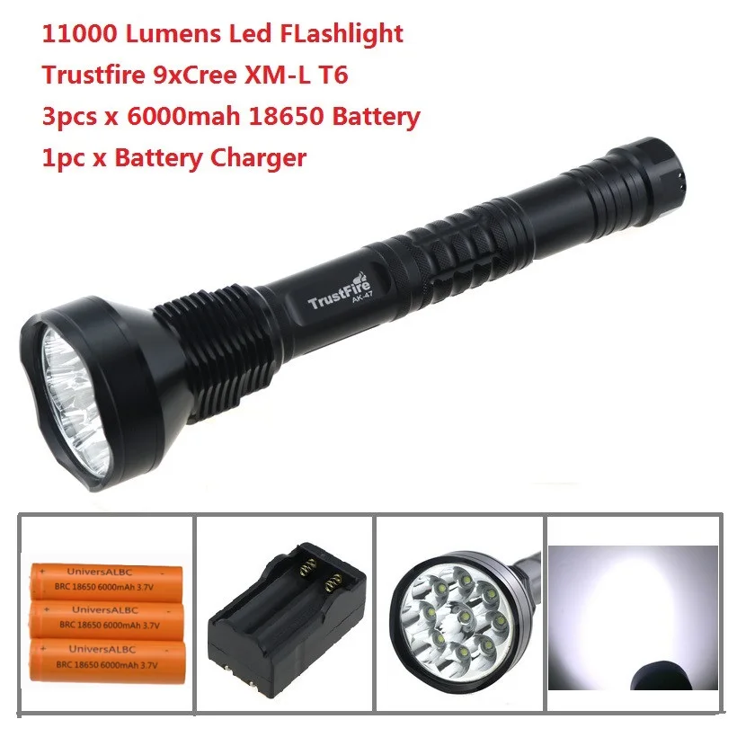 Super Bright Trustfire 9T6 11000 Lumes Led Hunting Flashlight 9xCREE XML T6 Led Torch Lamp Lantern + 3x 18650 Battery + Charger
Super Bright Trustfire 9T6 11000 Lumes Led Hunting Flashlight 9xCREE XML T6 Led Torch Lamp Lantern + 3x 18650 Battery + Charger