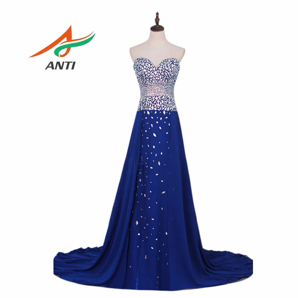 

ANTI Robe De Soiree Sweetheart Royal Blue Evening Dress Party Elegant Vestido De Festa Long Prom Gown 2019 With Crystal Shine