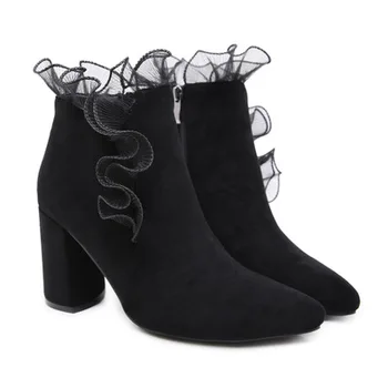 Korean version of the wild autumn short boots pointed lace high quality suede high high heels women
Korean version of the wild autumn short boots pointed lace high quality suede high high heels women