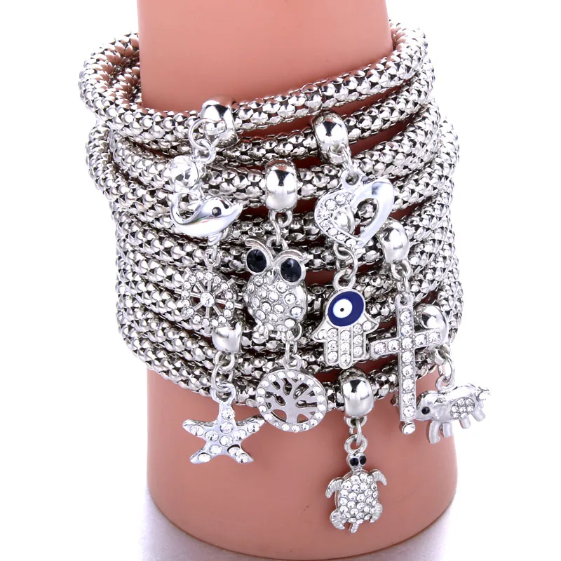 

Tree of life owl elephant Hand of Fatima Zircon Pendant Bracelet Corn Chain Stretch Bracelet Elastic Jewelry For Women gift