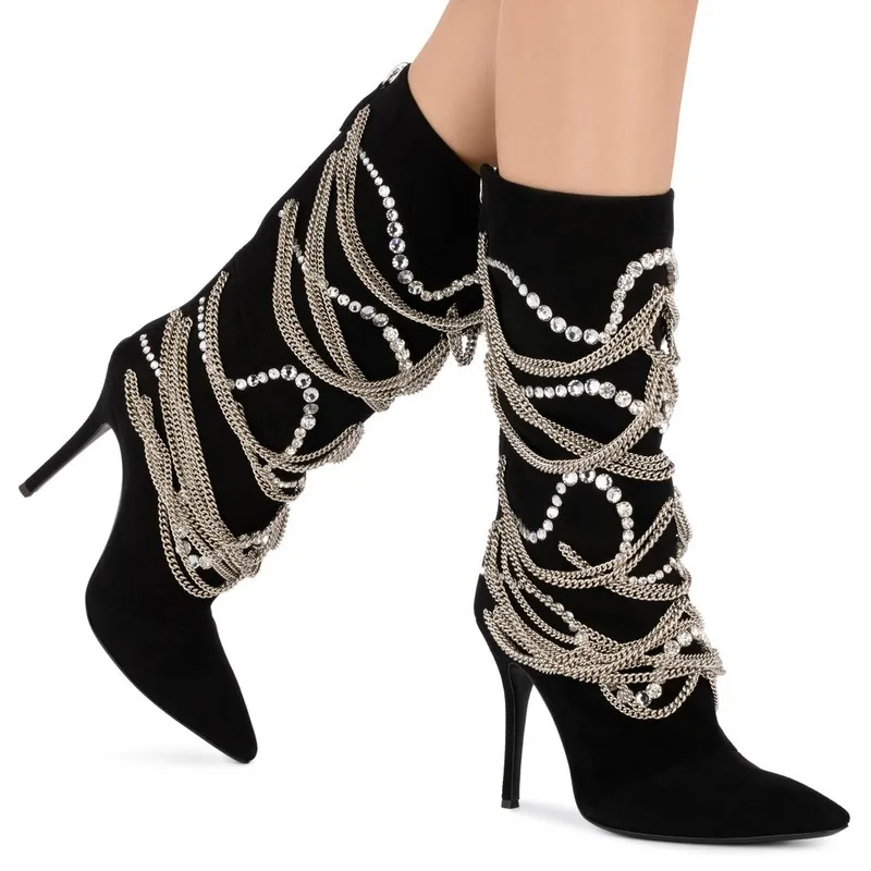 

woman knee high boots metal chain bling bling crystal embellished 12 cm super high heels catwalk mid calf boots chains beading