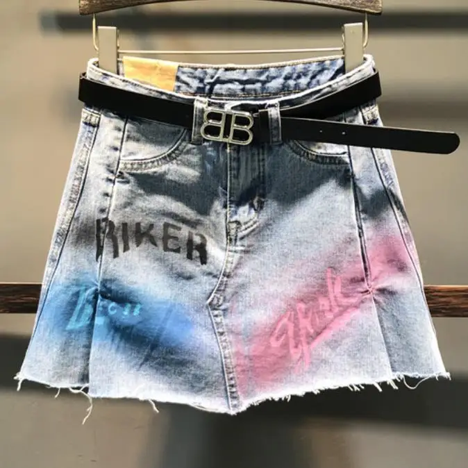 2019 summer denim mini skirt women graffiti letter printing irregular high waist jeans skirt a-line
2019 summer denim mini skirt women graffiti letter printing irregular high waist jeans skirt a-line