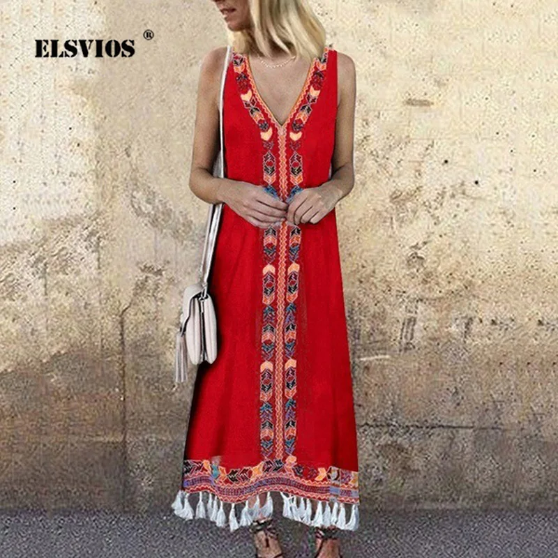 ELSVIOS Vintage Boho Geometric Print Long Dress Women V-neck Tassel Sleeveless Summer Dress Female Plus Size Straight Maxi Dress
ELSVIOS Vintage Boho Geometric Print Long Dress Women V-neck Tassel Sleeveless Summer Dress Female Plus Size Straight Maxi Dress