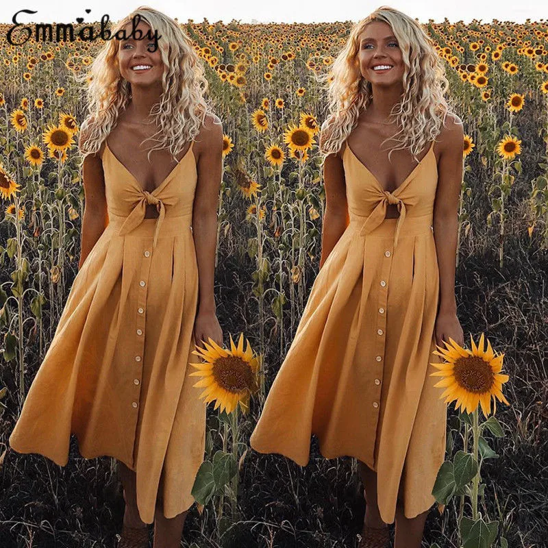 Sexy Bow Backless Beach Summer Dress Women 2018 Cotton Deep V Neck Buttons Yellow Off Shoulder Mini Dresses Vestidos Mujer
Sexy Bow Backless Beach Summer Dress Women 2018 Cotton Deep V Neck Buttons Yellow Off Shoulder Mini Dresses Vestidos Mujer