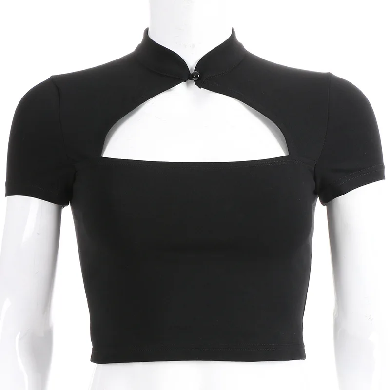 Retro Chinese Style Hollow Short-sleeved Women T-shirt 2019 Spring New Casual Slim Black Short Top Shirt for Female | Женская одежда