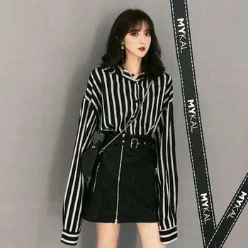 Fashion Two Piece Set Loose Stripe Shirt Women Full Sleeve PU Mini Skirts Lady Slim Woman Sets Clothes Spring Blouse And Skirts 
Fashion Two Piece Set Loose Stripe Shirt Women Full Sleeve PU Mini Skirts Lady Slim Woman Sets Clothes Spring Blouse And Skirts