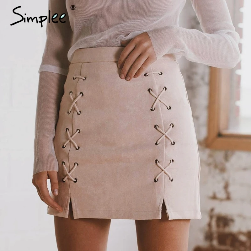 Image Simplee Autumn lace up leather suede pencil skirt Winter 2016 cross high waist skirt Zipper split bodycon short skirts womens