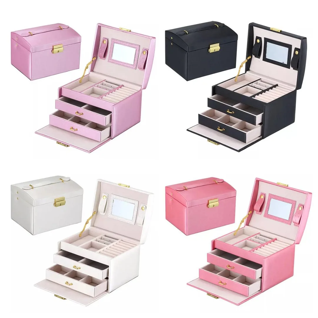 2019 Fashion Classic Three Layers PU Leather Jewelry Box Exquisite Mirror Makeup Case Earring Necklace Ring Jewelry Organizer