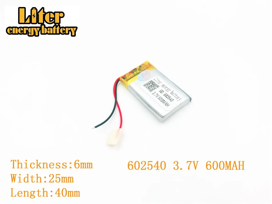Liter energy battery 3.7V 600mAh 602540 plug Lithium Polymer Rechargeable Battery For MP3 MP4 MP5 polymer | Электроника