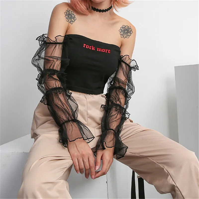 Sexy Cropped Mesh t shirt Long Sleeve Patchwork Summer Black Letter Print tshirt 2019 Streetwear Backless Crop Top Shirts
Sexy Cropped Mesh t shirt Long Sleeve Patchwork Summer Black Letter Print tshirt 2019 Streetwear Backless Crop Top Shirts