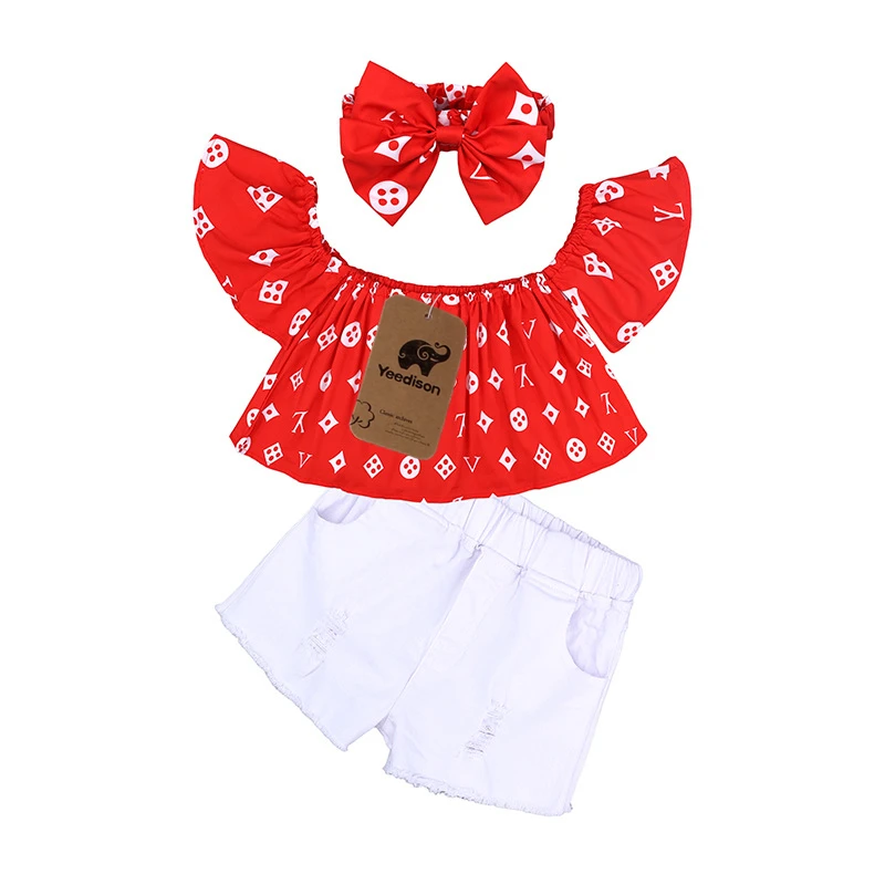 2018 Kids Outfit Fashion Children Clothing Sets Summer Girls Suit Off Shoulder Tops Denim Shorts Hairband 3Pcs Baby Girl Clothes (2)