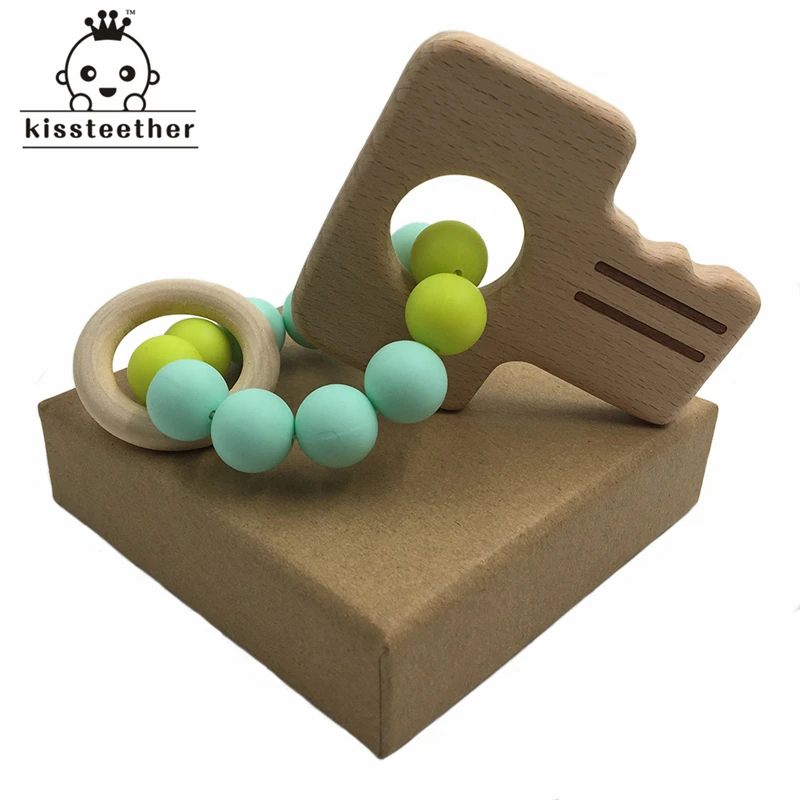Baby Bracelets Beech Wood Key Nursing Accessories Wooden Teether Shower Gifts Chew Silicone Beads | Мать и ребенок