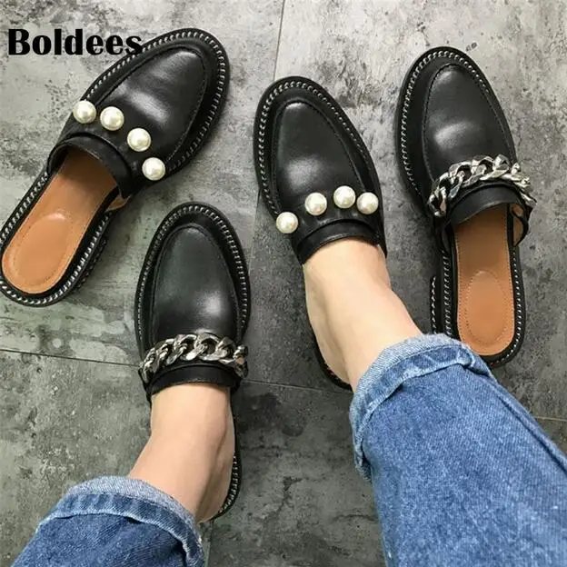 Fashion Pearls and Chains Loafer Shoes Women Slipper Rivet Metal Chain Flats Slipper Woman Loafers Casual Shoes