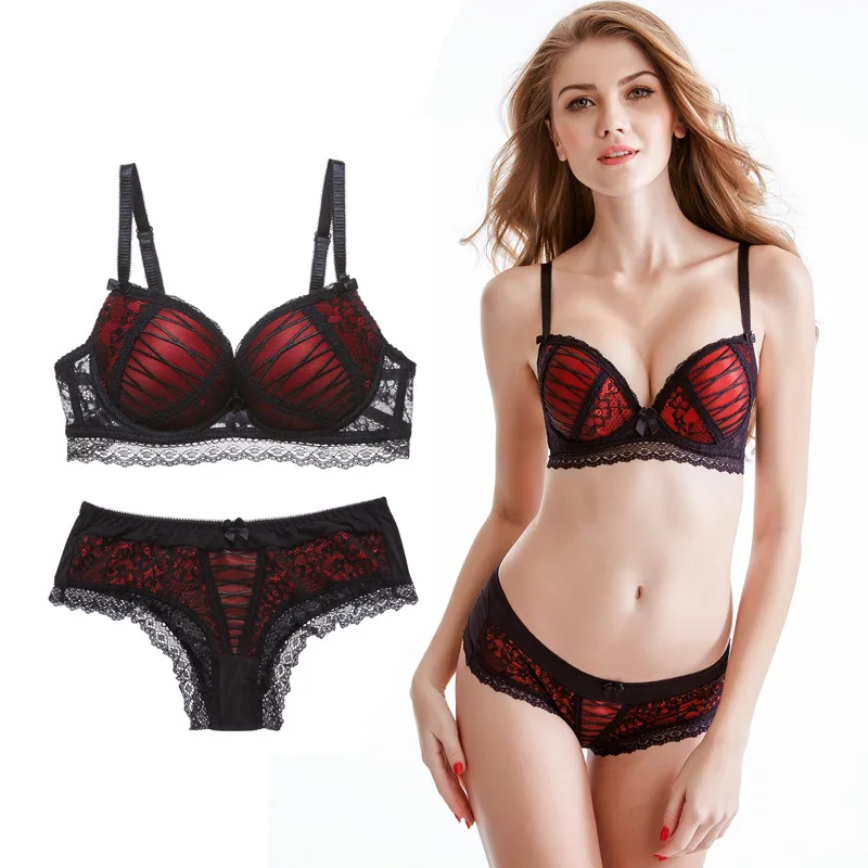 New 3/4 Cup Lace Floral Lingerie Bra Set Women Sexy Push Up Bras Underwear Sets Black and Red Color Stripe Sexy Brief Set
New 3/4 Cup Lace Floral Lingerie Bra Set Women Sexy Push Up Bras Underwear Sets Black and Red Color Stripe Sexy Brief Set