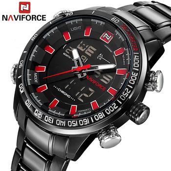 

NAVIFORCE Brand Mens Quartz Watches Sport Watch Men Stainless Steel Band 30M Waterproof Analog LED Digital Display Wristwatches
