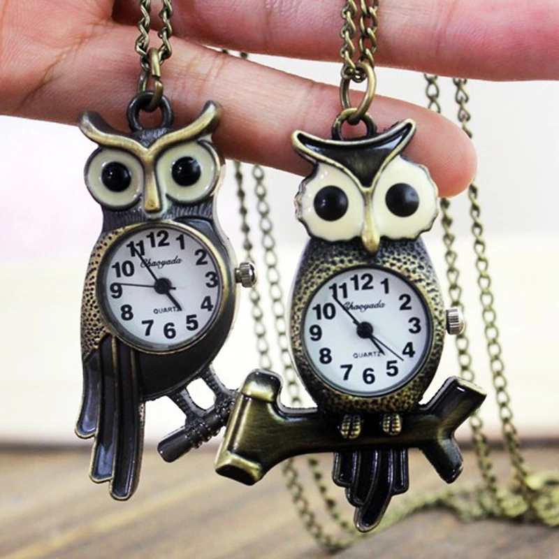 

chaoyada Unique Antique Fashion Vivid Owl Pocket Watch Necklace Chain Vintage Fob Watch Active Wings Clock