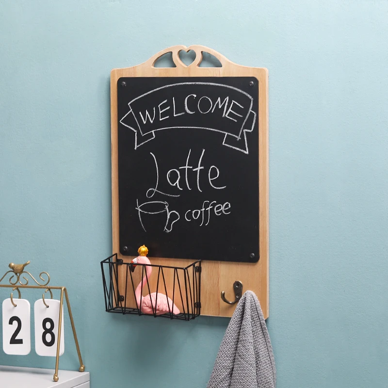 European Home Coffee Bar Wall Decor Simple Wooden Blackboard Family Notepad With Hollow Iron Storage Basket and KeyChain Hook
European Home Coffee Bar Wall Decor Simple Wooden Blackboard Family Notepad With Hollow Iron Storage Basket and KeyChain Hook