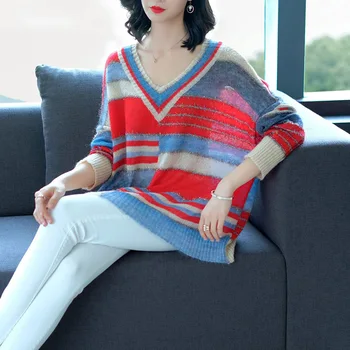 Autumn new trend knit sweater fashion ladies V-neck loose thin color matching thin shirt
Autumn new trend knit sweater fashion ladies V-neck loose thin color matching thin shirt