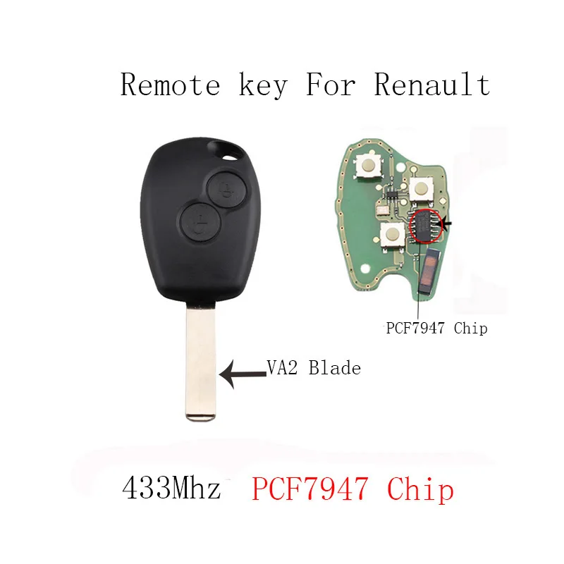 2 кнопки PCF7946/PCF7947 чип дистанционного ключа для Renault Clio Scenic Kangoo Megane 433 МГц VA2 лезвие