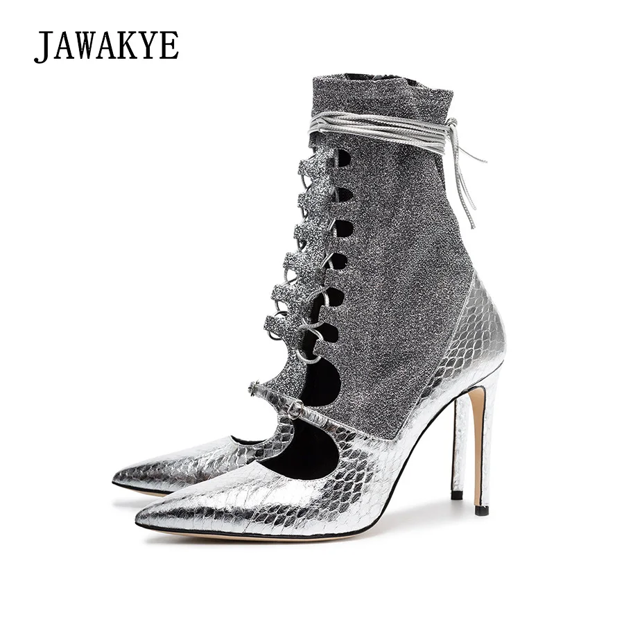 JAWAKYE New Sexy high heel Boots Women Pointed toe Silver Snakeskin Cut outs lace up stiletto Shoes woman Ankle Boots for Women
JAWAKYE New Sexy high heel Boots Women Pointed toe Silver Snakeskin Cut outs lace up stiletto Shoes woman Ankle Boots for Women