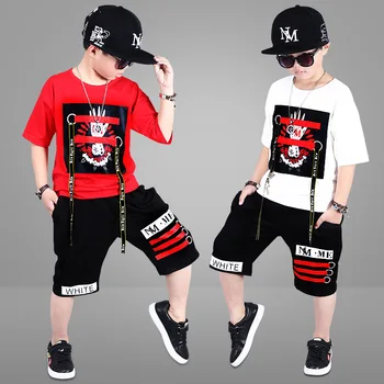 

Kids Summer children's clothing set Costume Red White T-shirt & dance Hip Hop harem Shorts kids Strip suits twinset