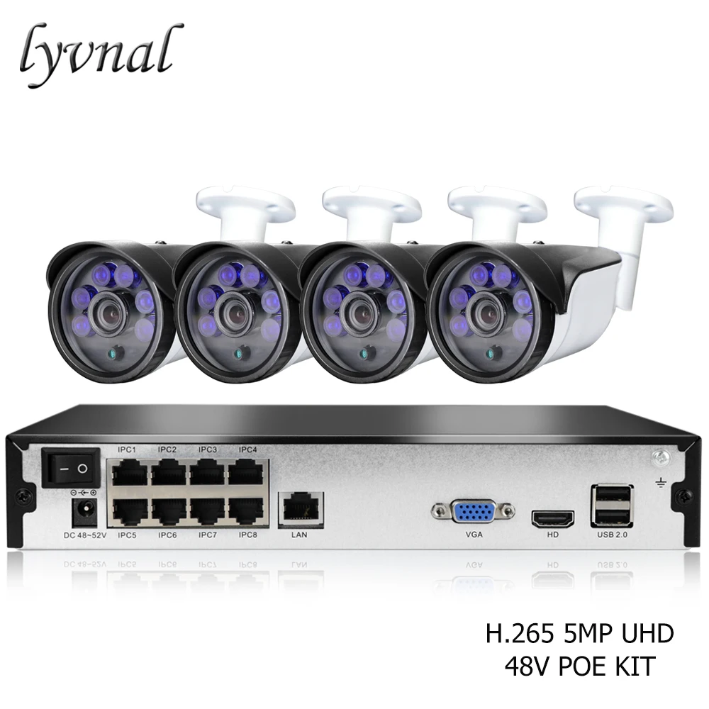 

LYVNAL H.265 5.0MP POE 4CH NVR Kit CCTV System IP Camera P2P IR IP66 Outdoor Weatherproof Video Security Surveillance Set UHD