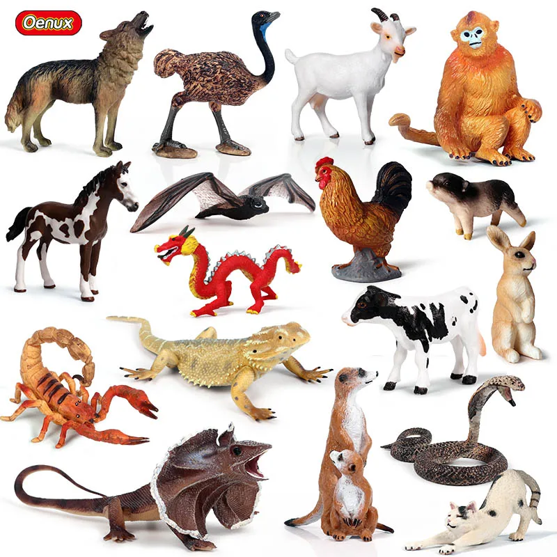 

Oenux Forest Animals Lizard Bat Snake Action Figure Farm Hen Cow Pig Cat Horse Model Figurines Miniature Collection Toy For Kids