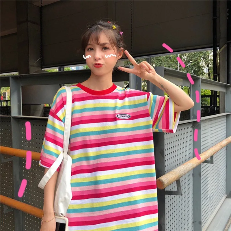 New T Shirt Women Rainbow Striped Tops Harajuku Tshirt 2019 Summer Short Sleeve Korean Punk T-shirt camiseta feminina N
New T Shirt Women Rainbow Striped Tops Harajuku Tshirt 2019 Summer Short Sleeve Korean Punk T-shirt camiseta feminina N