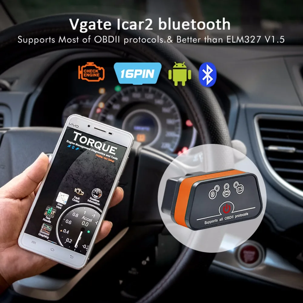 

Original Vgate iCar2 Bluetooth ELM327 V2.1 Code Reader OBD2 Scanner elm 327 icar 2 Diagnostic Tool Android/PC Torque Free ship