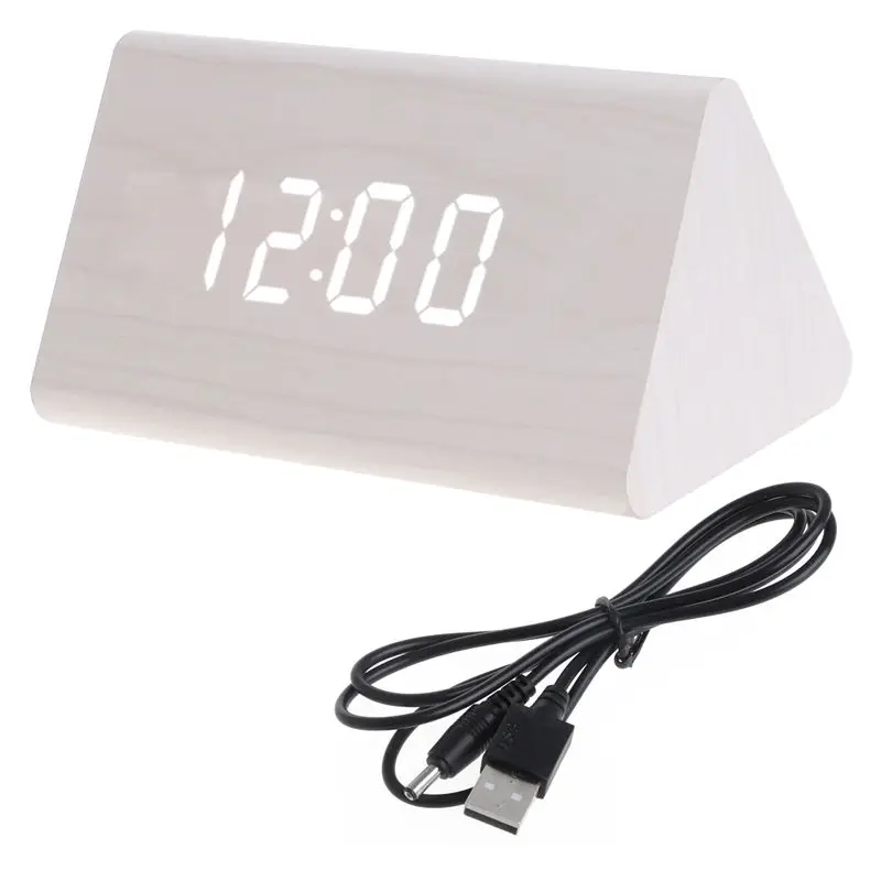 Shellhard Useful LED Display Sound Voice Control Alarm Clocks Snooze Simple Wooden Desk Clock with USB Cable for Home Bedroom