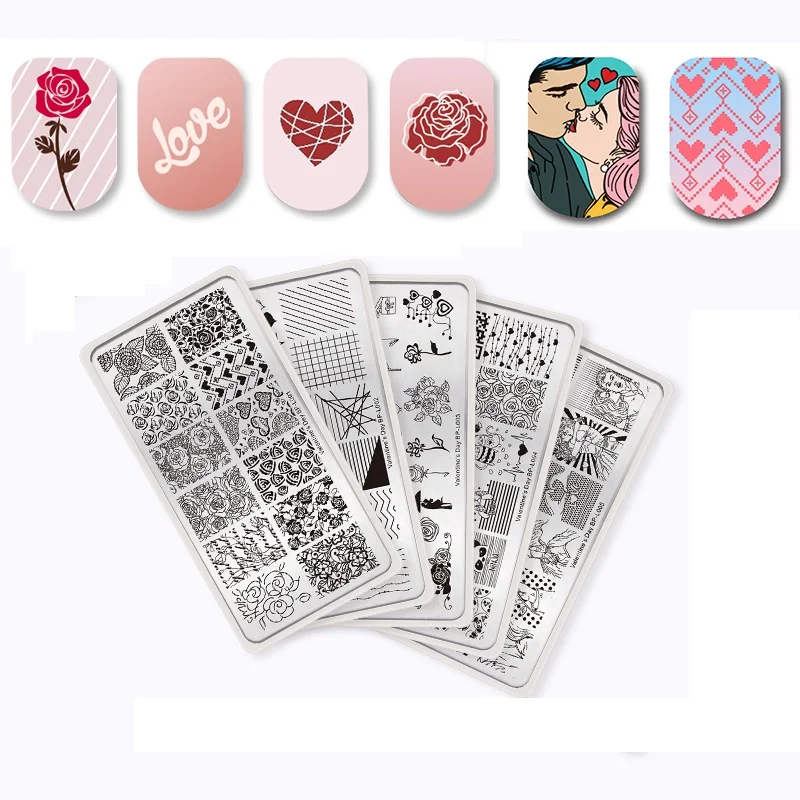 

BORN PRETTY 5Pcs Valentine's Day Theme Rectangle Nail Stamping Template Set Flower Line Couple Nail Art Image Plate DIY Tool