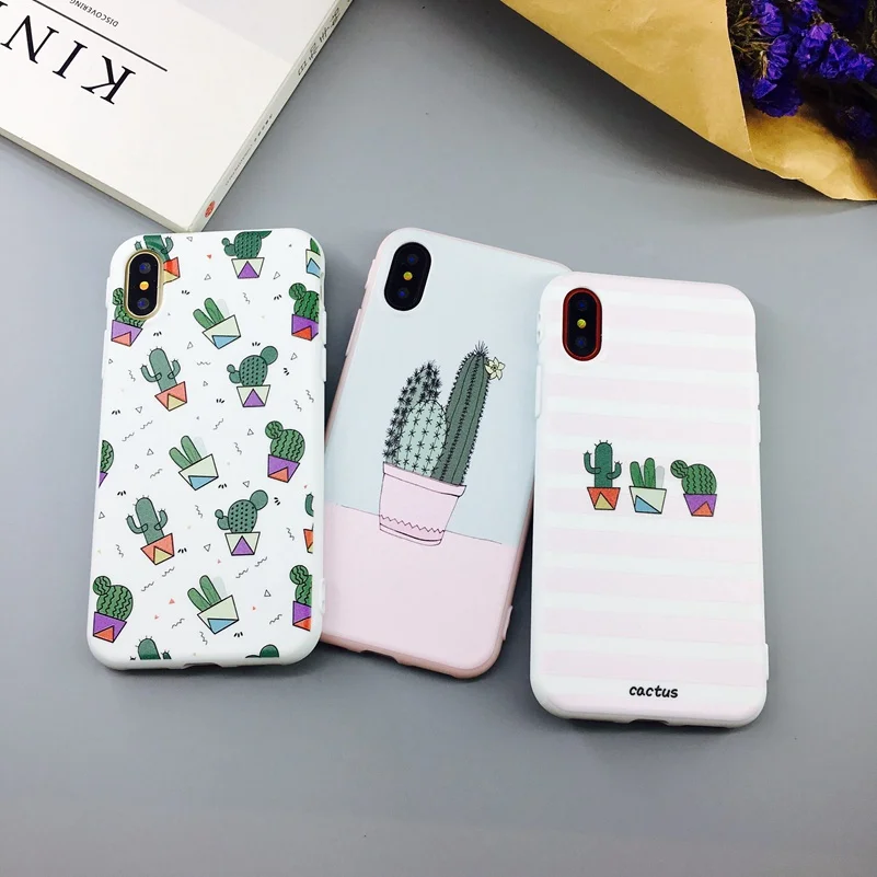 Mouplayca Candy Color Art Leaf Print Phone Case for iPhone X 6 6s 7 8 Plus Cactus Plants Fashion Soft TPU Rubber Silicon Cover