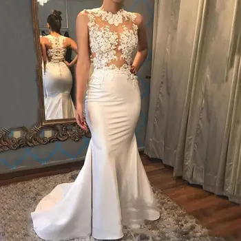 New Mermaid Wedding Dresses Illlusion Bodice Sleeveless Lace Appliques Satin Long Floor Length Bridal Gowns Vestido
New Mermaid Wedding Dresses Illlusion Bodice Sleeveless Lace Appliques Satin Long Floor Length Bridal Gowns Vestido