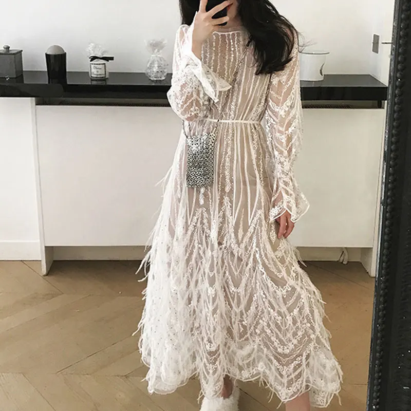 Aihuyigui 2019 summer long sleeve dress women elegant sweet white ladies feathers tassels bead party mesh dress DR234
Aihuyigui 2019 summer long sleeve dress women elegant sweet white ladies feathers tassels bead party mesh dress DR234