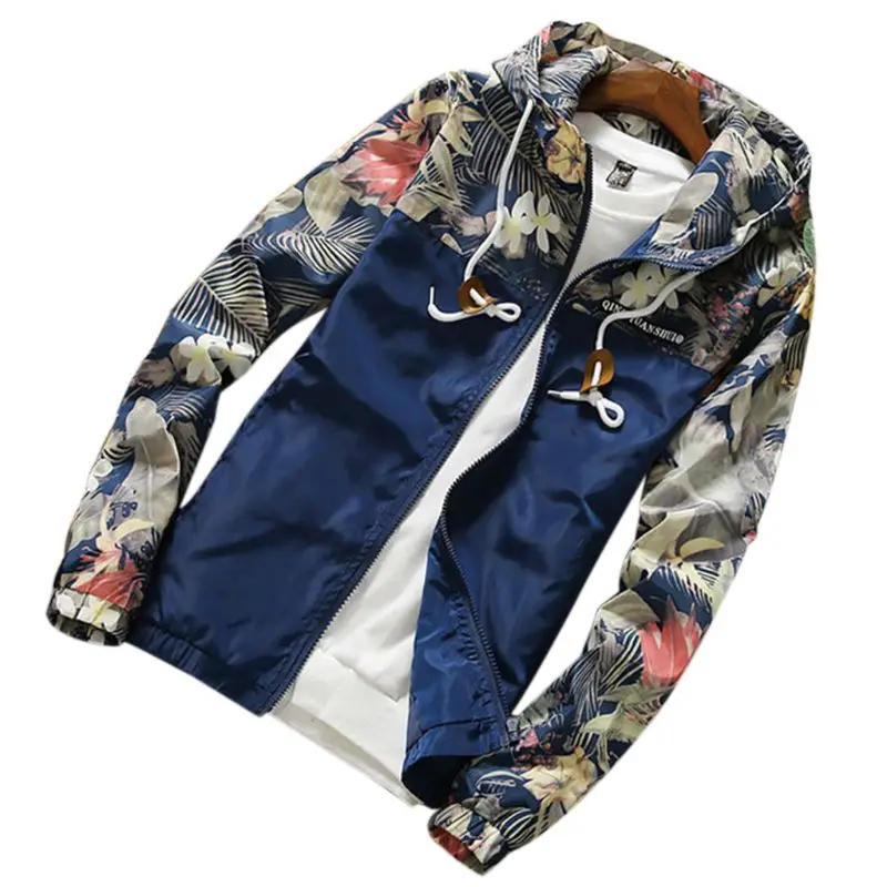 Men Boys Spring Autumn Long Sleeve Hooded Drawstring Bomber Jacket Zipper Up Floral Printed Patchwork Lightweight Windbreaker Co | Мужская