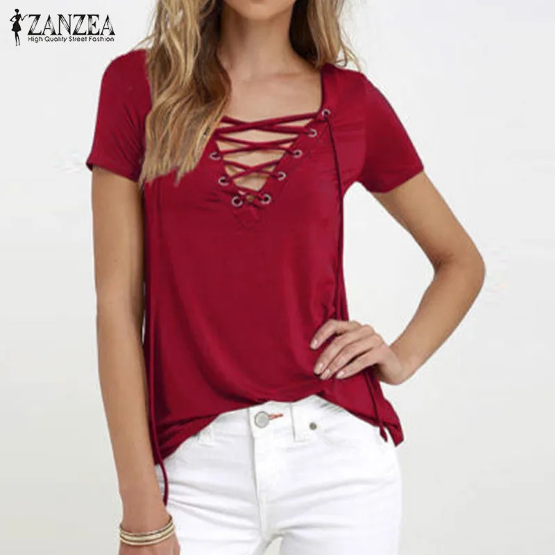 ZANZEA Women 2019 Summer Sexy V Neck Blouses Oversized Short Sleeve Casual Hollow Out Lace Up Solid Shirts Blusas Tee Tops
ZANZEA Women 2019 Summer Sexy V Neck Blouses Oversized Short Sleeve Casual Hollow Out Lace Up Solid Shirts Blusas Tee Tops